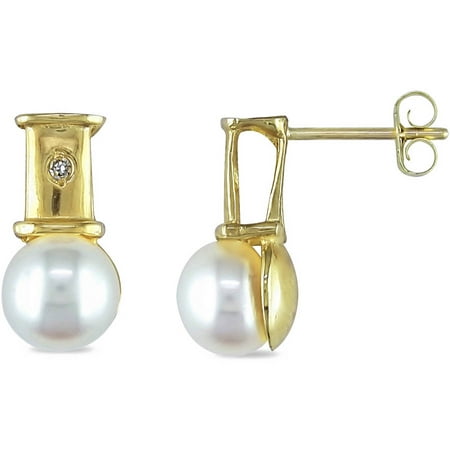 Miabella 6.5-7mm White Button Cultured Freshwater Pearl and Diamond-Accent 10kt Yellow Gold Drop Earrings