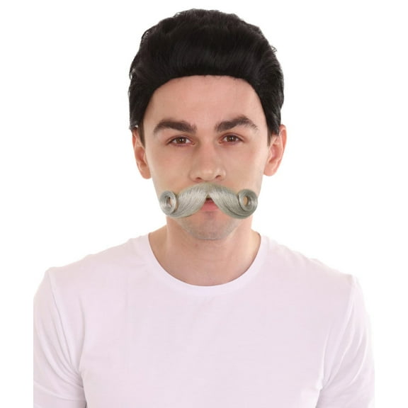HPO Adult Men’s Grey Theatrical Curled Handlebar Mustache – Cosplay Facial Hair for Halloween & Costumes