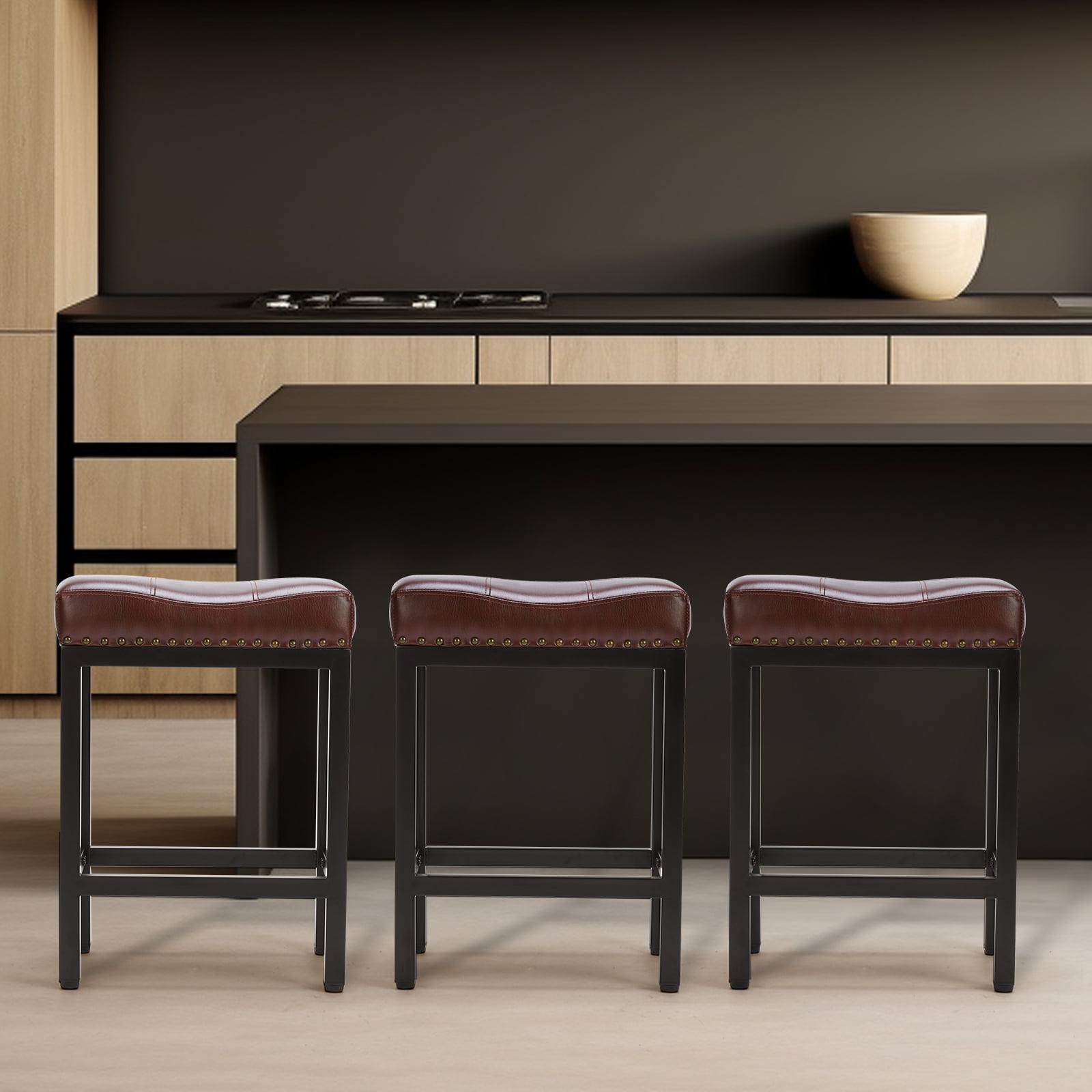 GIANNA Set of 4, Bar Stools 24 Inch - Stylish Counter Height Chairs, With Metal Bases and PU Leather Seats, For Kitchen Island, Brown