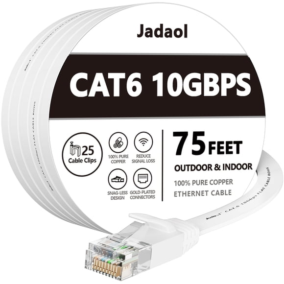 Cable Ethernet Jadaol Cat 6 de 75 pies para exteriores e interiores, 10 Gbps, blanco