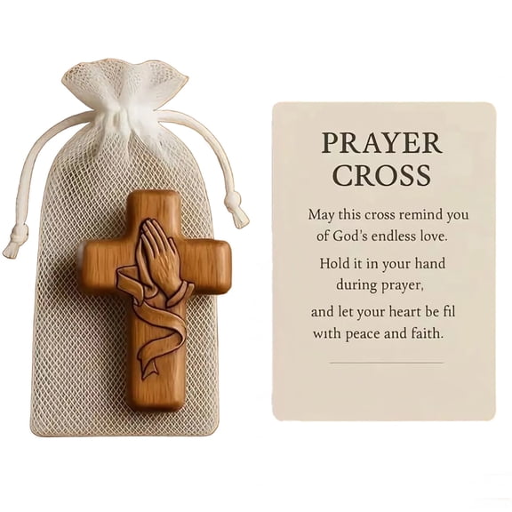 Wooden Prayer Cross Pocket Card, 2.3 Inch Devotional Decor​​ | Handcrafted Wooden Comfort Cross with Pouch & Prayer Card, for Comforting Quiet Moments