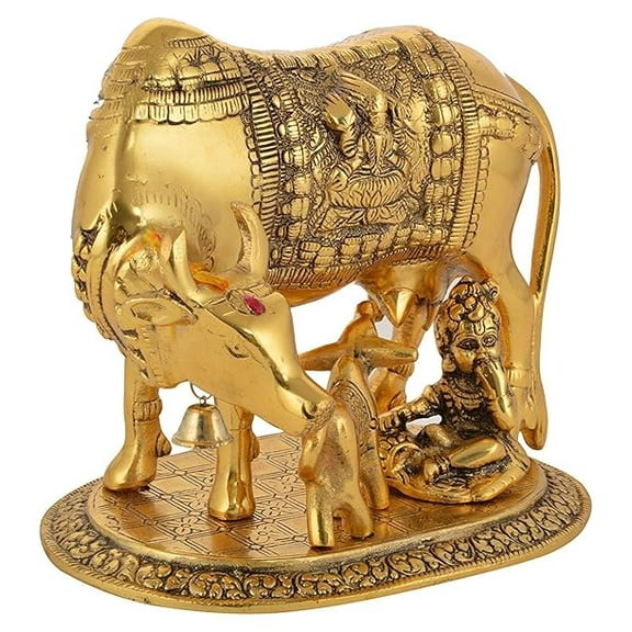 Trading Corporation Polyresin Hand Painted Kamdhenu Cow with Calf God Figure (Golden)