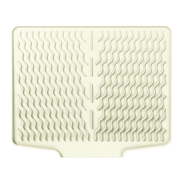 tapete de silicona para secar platos, almohadilla de secado, fácil de limpiar, antideslizante, resistente, para escurrir platos en el refrigerador y blanco Vista superior de un tapete blanco de silicona 40x30 cm con patrón ondulado y canales inclinados para drenaje, bordes redondeados y lengüetas inferiores; superficie flexible que se enjuaga fácilmente y suele usarse también como base resistente al calor para utensilios calientes.