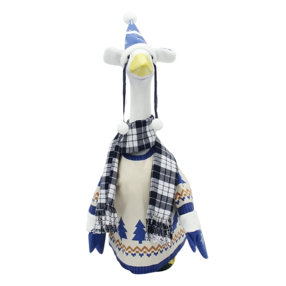 Christmas Goose Porch Costume Set, Blue Tree Pattern Sweater with Plaid Scarf & Party Hat, Waterproof Fabric Goose Outfit for Standing Goose Statue, Yard Porch Garden Holiday Decor