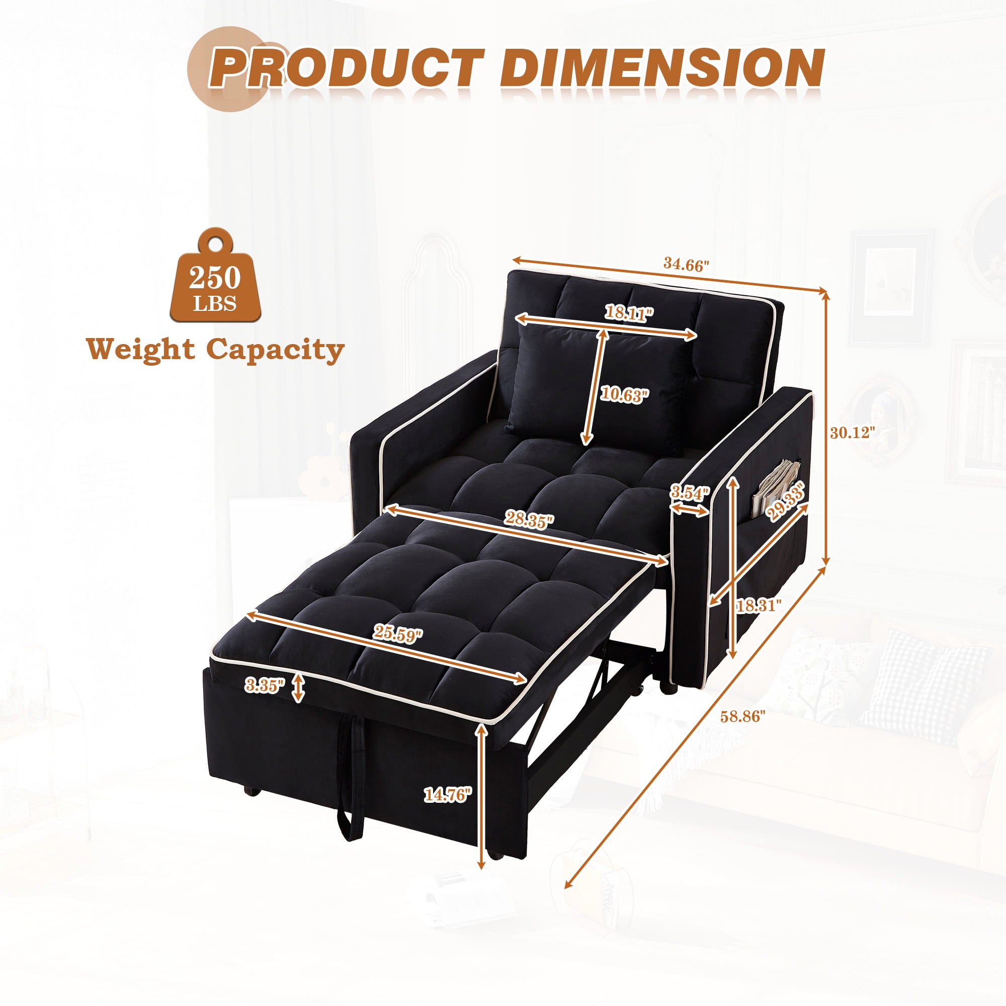 Dinosisco 4-in-1 Convertible Chair Bed, Sleeper Chair Lounge Chair Indoor, Modern Single Pull Out Couch for Living Room, Black Velvet