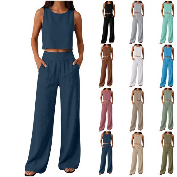 Women's Summer Two-Piece Set Solid Color Sleeveless Crop Top Wide Leg Pants With Pockets Elegant Casual Matching Outfit For Daily Commute