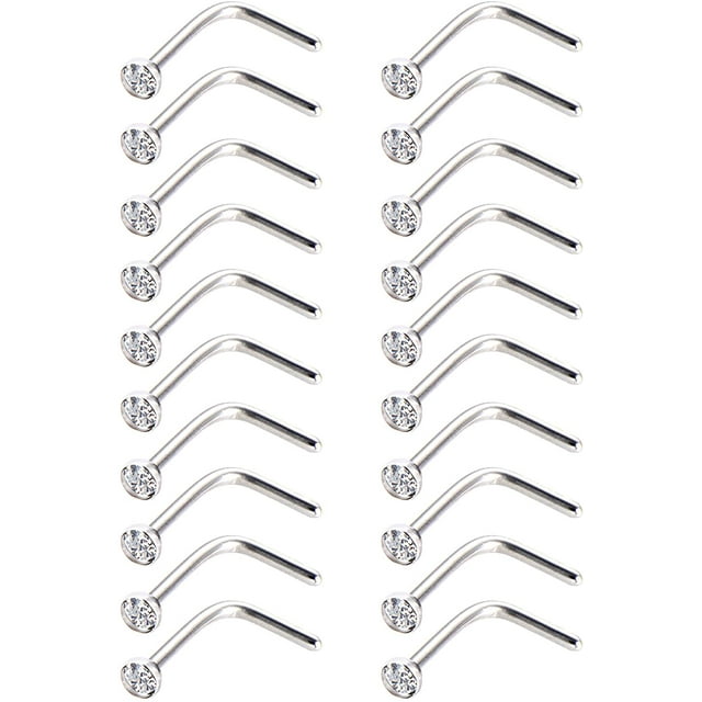 Perno de nariz curvo Acero inoxidable Anillo de nariz Cristales L Curva Nariz Tornillo Piercing, 20 piezas Namotu WMPH-911