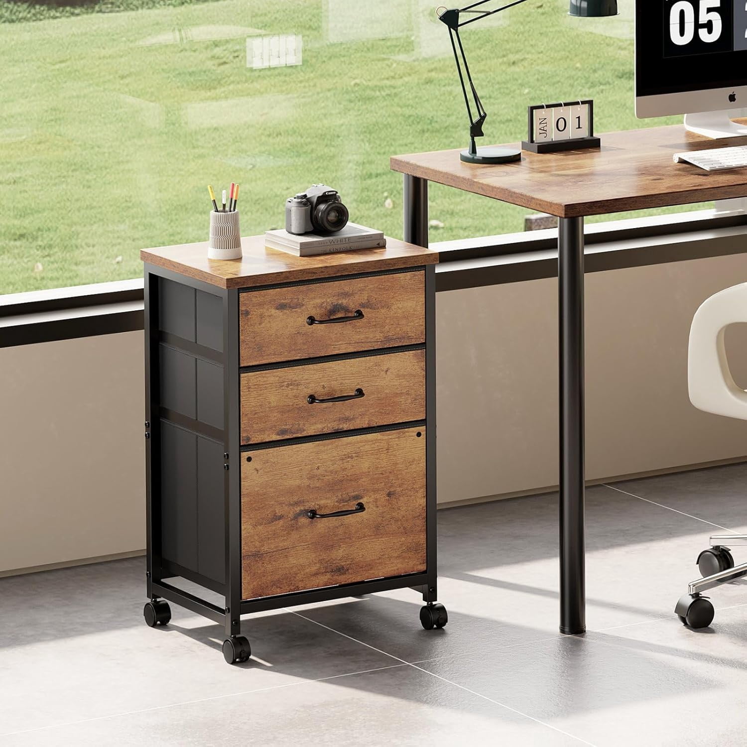 3 Drawer Mobile File Cabinet with Wheels Fabric Vertical Filing Cabinet fits A4 or Letter Size for Home Office,Black
