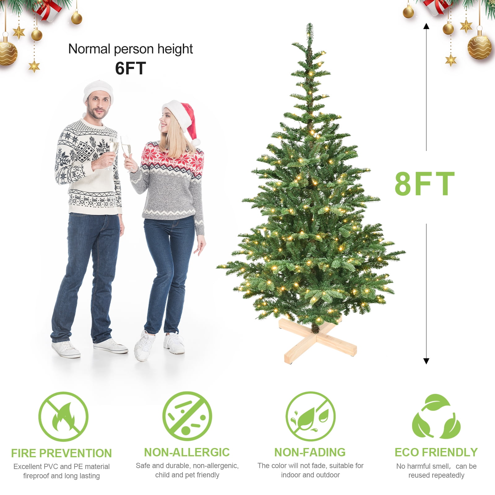 8ft Prelit Christmas Tree with Wooden Base 1307 Tips 500 Warm White LED Lights Rustic Holiday Decor