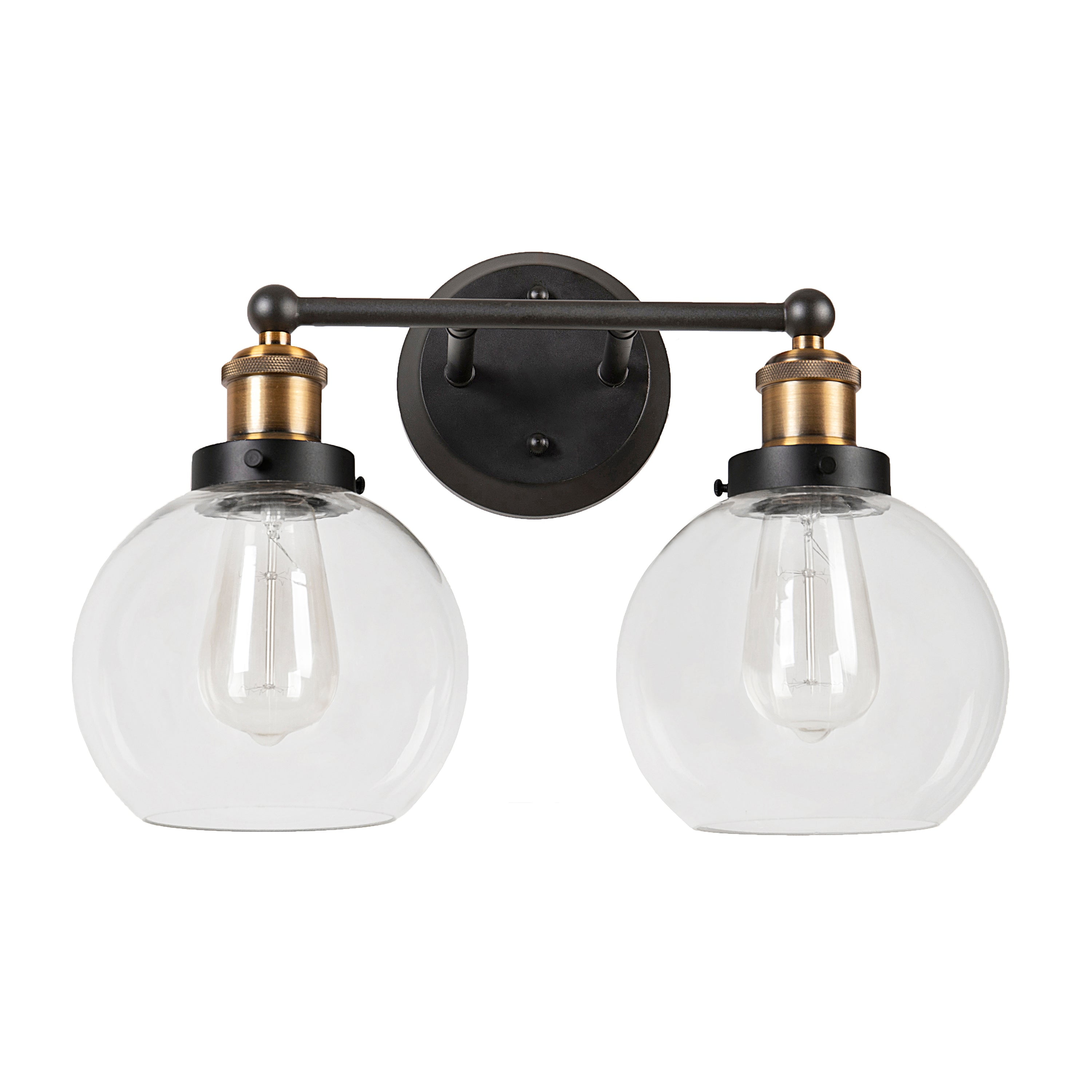 Aspen Creative 62267, Bathroom Vanity 2 Lights Fixture, 15-1/2" W x 11-3/4" H x 7-1/4" D, Antique Bronze/Warm Brass-2 Tone Finish/Clear Glass, Bulb Not Included