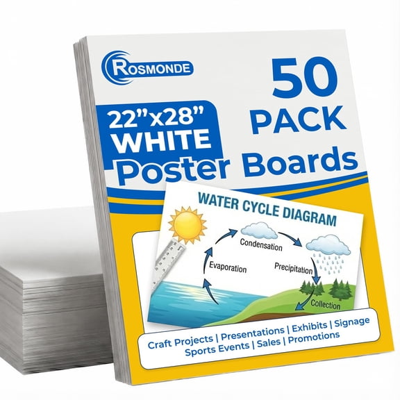Rosmonde Poster Boards Bulk, 50 Pack, 22 x 28 in, White, Extra Thick Heavy Duty, Blank Display Boards for Science Fair, Art, DIY, School Projects, Crafts & Drawing