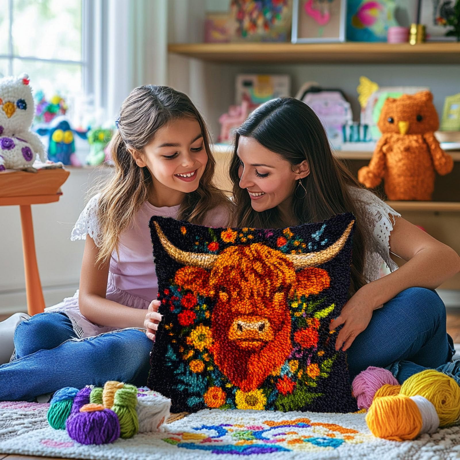 Cartoon Highland Cow in Daisy DIY Latch Hook Pillow Kits for Adults Printed Pillowcase Crochet Yarns Hooking Handmade Pillow Cover Cushion for Home Sofa Decoration 17x17inch