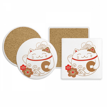 

Japan Lucky Fortune Cat Flower Copper Coaster Cup Mug Holder Absorbent Stone Cork Base Set