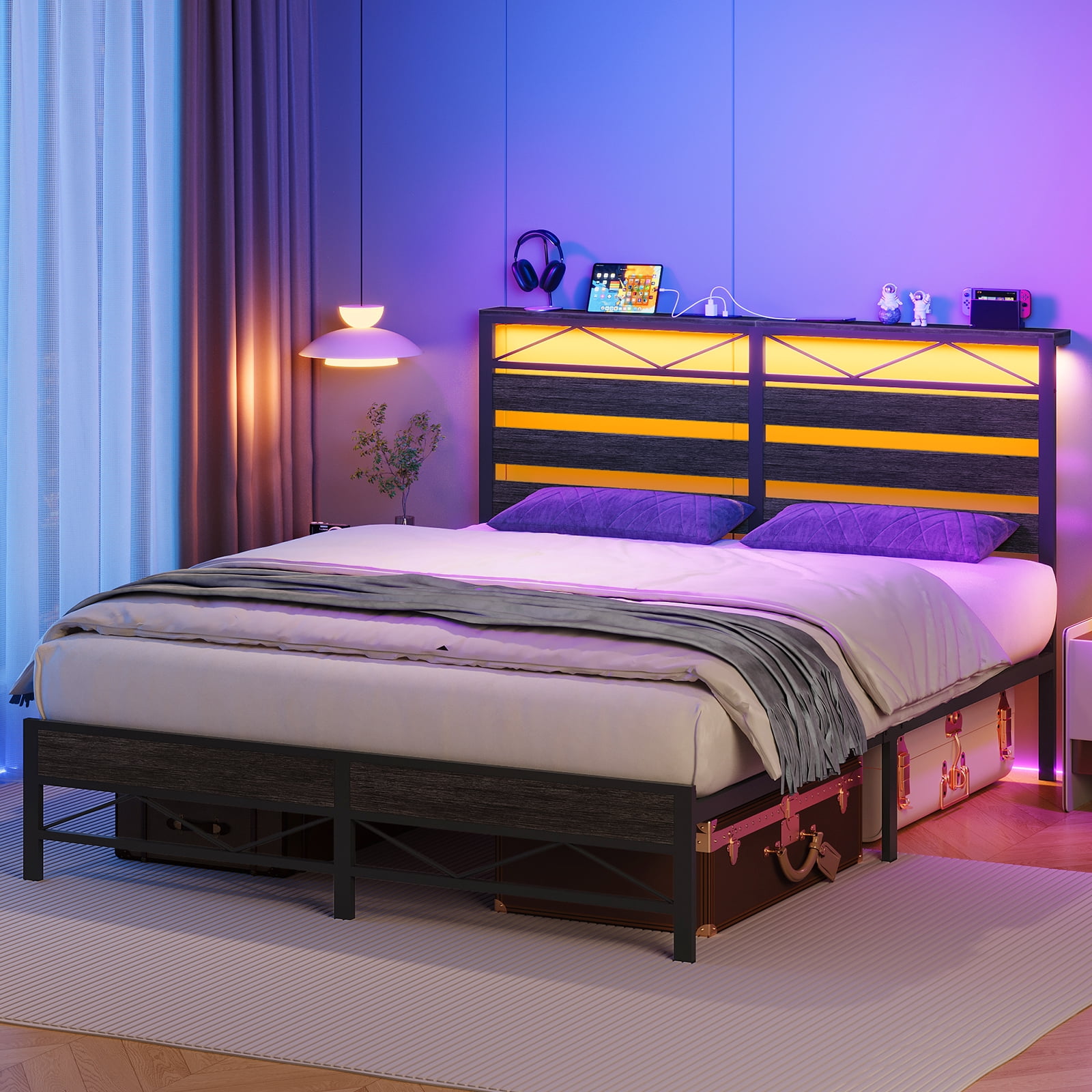HOOBRO Queen Size Bed Frame with Headboard, LED Bed Frame with Storage Headboard and Charging Station, Bed Frame with 2 Outlets and 2 USB Ports, for Queen Beds, Charcoal Black BC22UDBF01