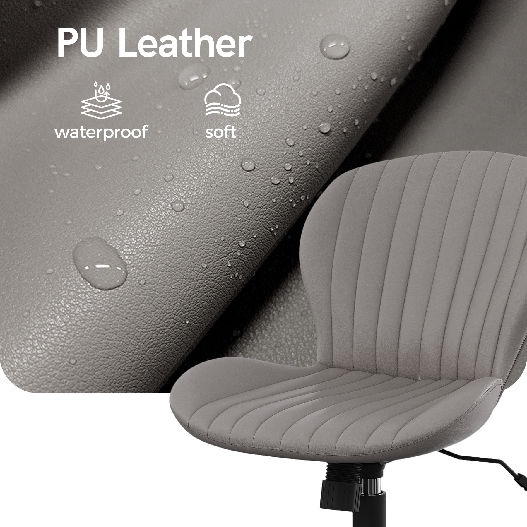 MOONMISS Mid Back PU Leather Desk Chair with Wheels,Armless Adjustable Swivel Vanity Chair for Bedroom Home Office Living Room,Gray