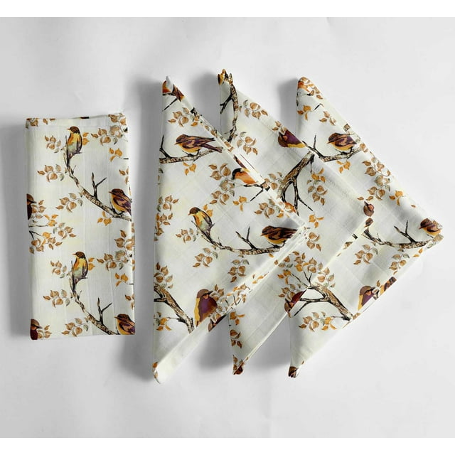 VargottamWarm Yellow Hues Nature Bird PerchPrint Cotton Muslin Napkins - Set of 12, 20-Inch, Luxurious Soft Cloth Napkins for Dining & Events, Absorbent, Washable & Eco-Conscious Tableware