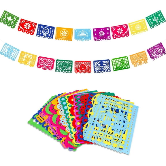 2 Pack Fiesta Banner Colorful Felt Papel Picado Banner for Party Cinco de Mayo Day of the Dead Fiesta Party Decorations Supplies