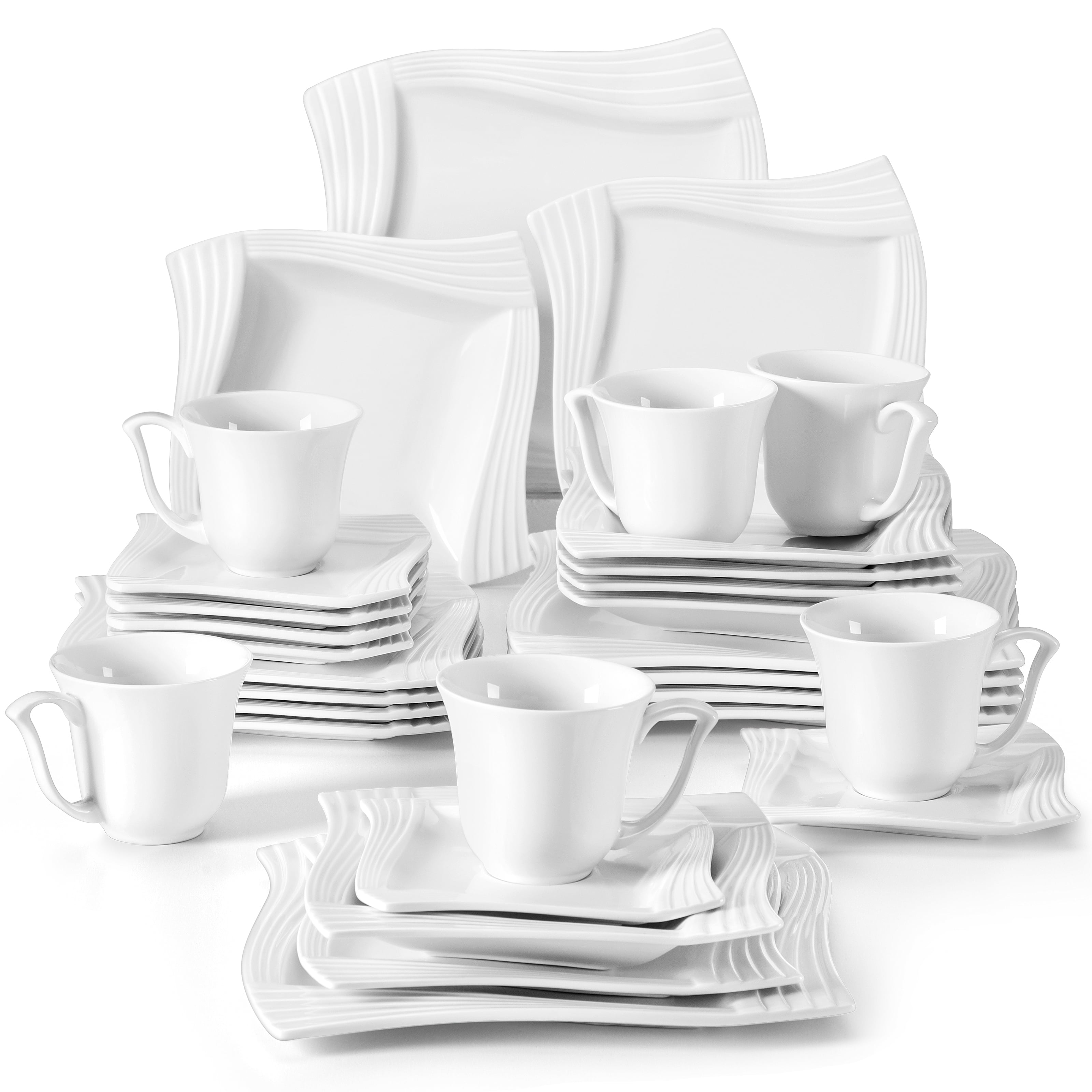MALACASA 30-Piece Dinner Set Ivory White Porcelain Tableware Set with 6 Dinner Plates/Dessert Plates/Soup Plates/Cups/Saucers Series Amparo Service for 6 