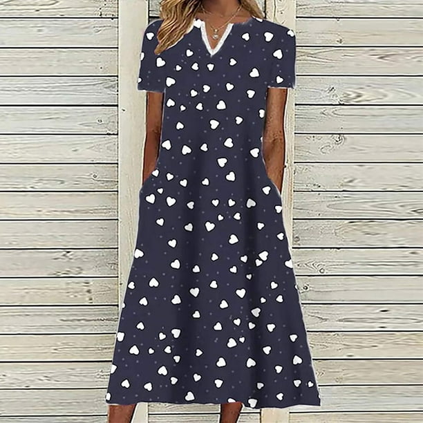 ICHUANYI Clearance Women Summer Casual Printed V Neck Short Sleeve Dress(Navy, M) ICHUANYI WER2023081508327