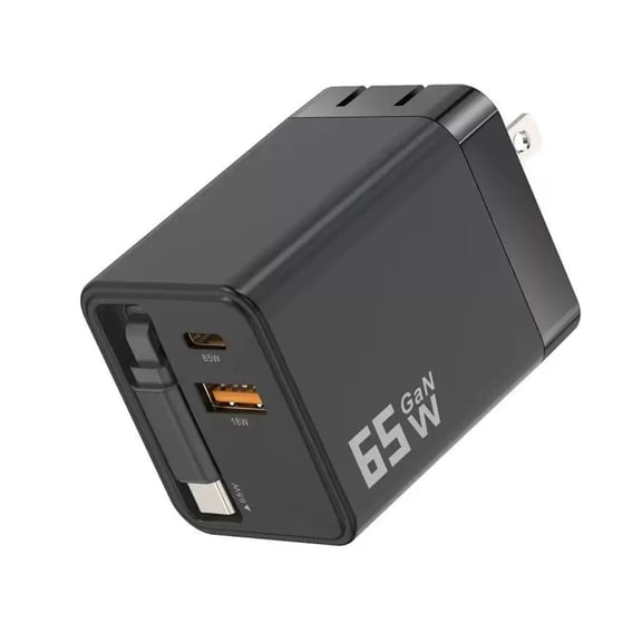 Black 65W Telescopic Charger With Type C And Usb Outputs Us Standard For Fast Charging Mobile Devices