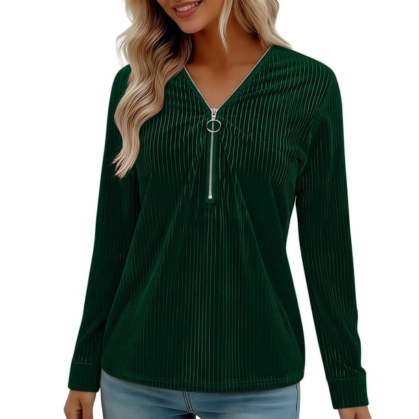 Blusas de Manga Larga para las Mujeres Cremallera de Cuello en V Delantera Color Sólido Top de Moda Casual, Tops de Color Sólido para las Mujeres