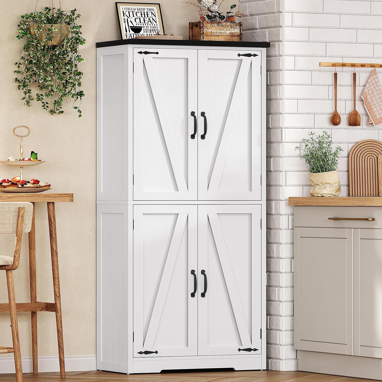 58" H Storage Cabinet with Adjustable Shelf, Farmhouse Kitchen Pantry Cabinet, Bathroom Cabinet with 4 Doors, Cupboard for Kitchen, Bathroom, Living Room