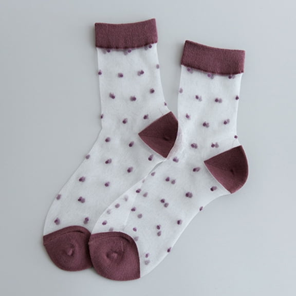 Helii Women's Sheer Polka Dot Tube Socks, Transparent Mid-Calf Mesh Socks with Contrast Heel & Toe, Breathable Crystal Silk Summer Socks for Flats Loafers Wine,One Size
