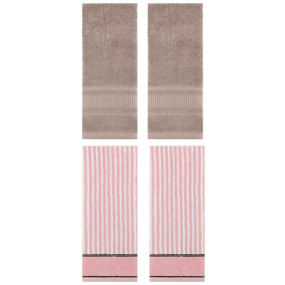 Unique Bargains 4 Pcs Striped Soft Cotton Hand Towels 13 x 29 Inch Pink/Brown