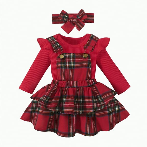 HCNTES Baby Girl Christmas Clothes Plaid Outfits Long Sleeve Romper Overall Skirt Dress Cute Outfit(12-18 Months,S53-Red)