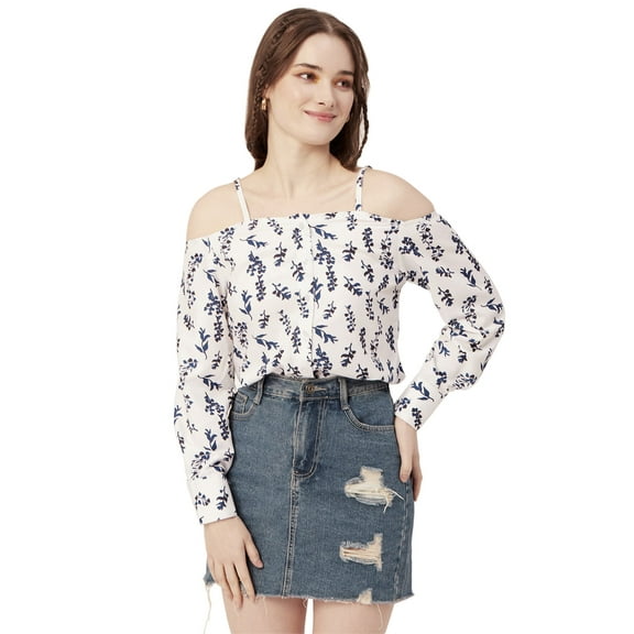 Moomaya Women Printed Long Sleeves Top, Off Shoulder Front Buttoned Shirt