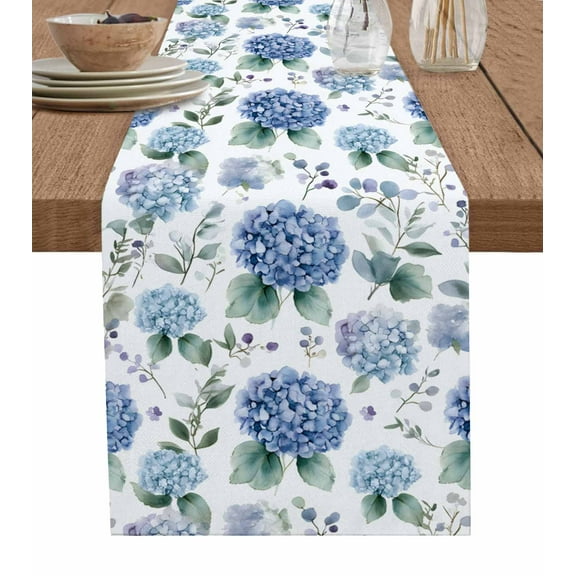 Table Runner Dresser Scarves 70 Inch Long,Spring Hydrangea Flower Leaves Linen Dining Table Runners Watercolor Purple Blue Flower Tabletop Scarf for Wedding Holiday Party Kitchen