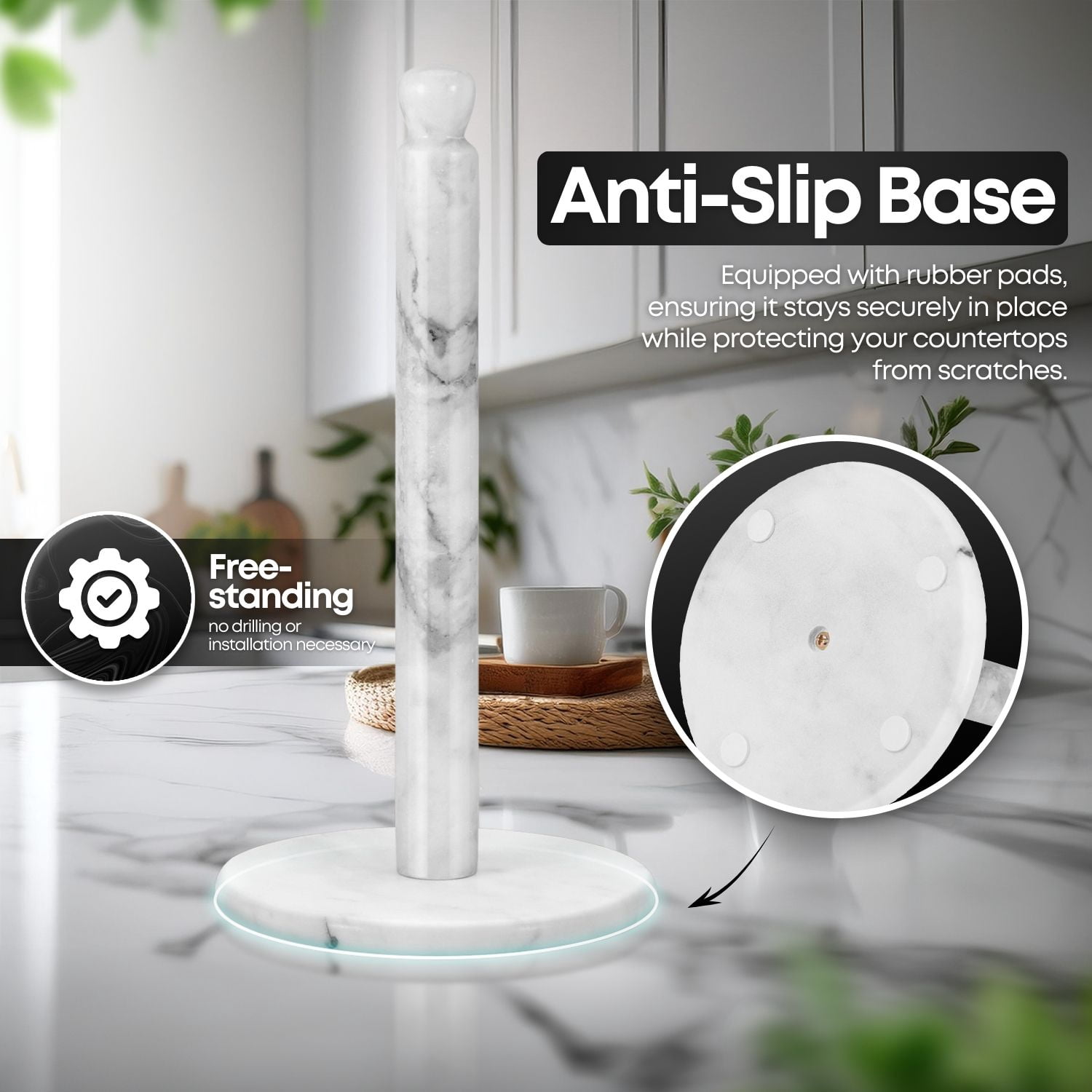 Marble Paper Towel Holder 12 inch (White Marble) Kitchen Paper Towels Roll Dispenser Stand Rack with Marble Pole and Weight Base for Countertop Tables Home Dining Bathroom Storage