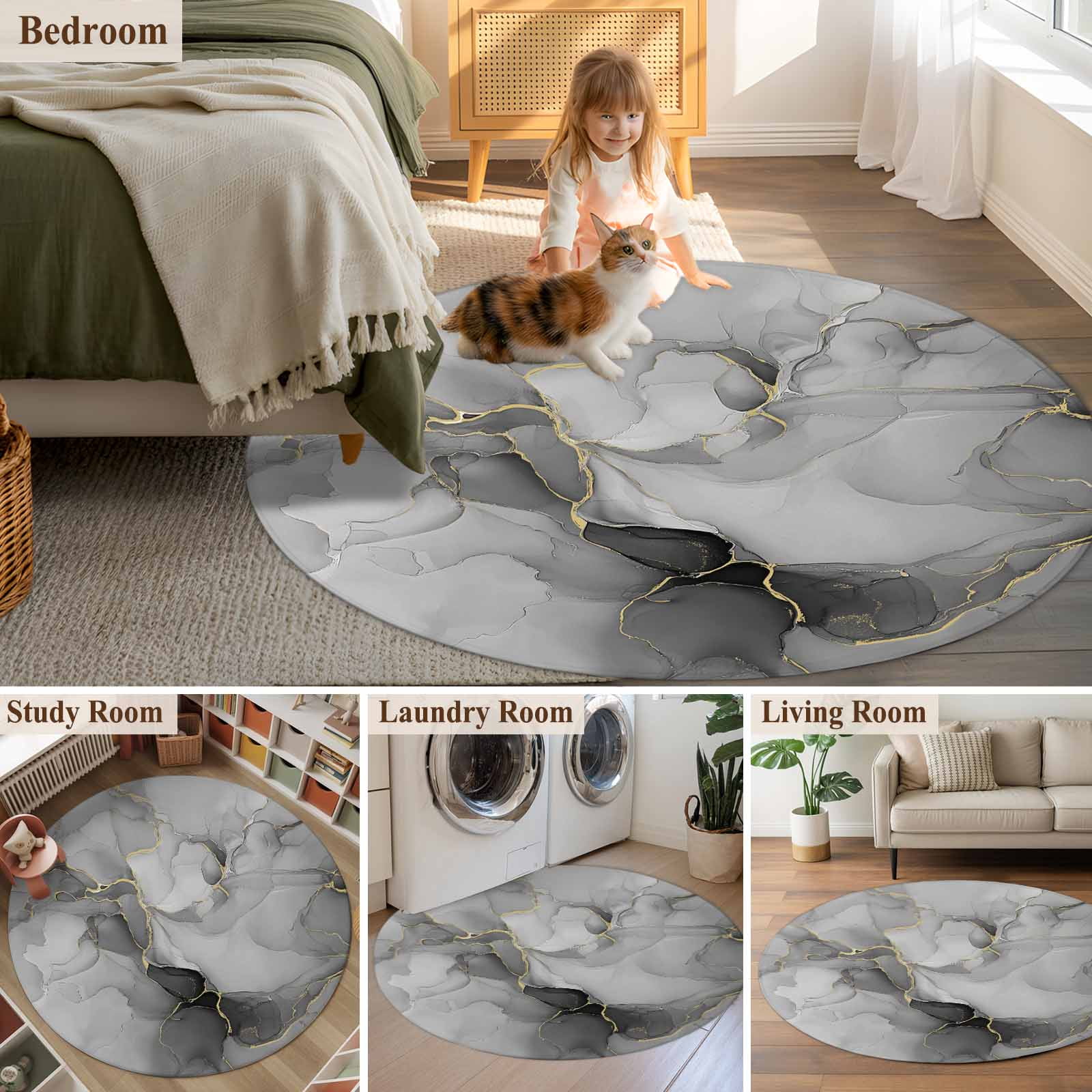 Grey Ombre Marble Round Rugs 7ft, Gray Marble Crack Abstract Modern Non Slip Washable Rug Runner, Low Pile Indoor Floor Carpet Mat Bathroom Rugs for Living Room, Bedroom, Kids Room