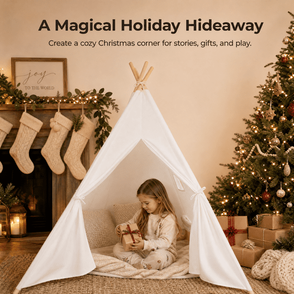 Moncoland Kids Teepee Play Tent for Ages 3 Girls and Boys,Washable Foldable Child Play Tent for Indoor/Outdoor,Natural Cotton Canvas Teepee Play Tent (White)