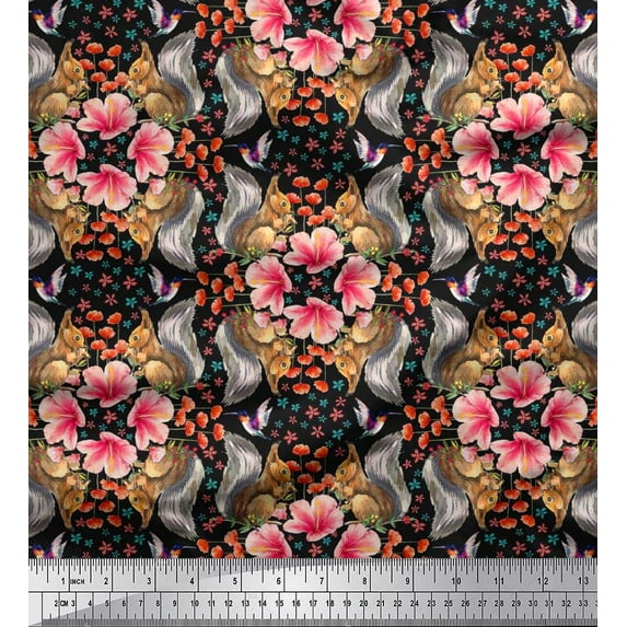 Soimoi Cotton Cambric Fabric Floral,Hummingbird & Squirrel Animal Print Fabric by The Yard 42 Inch Wide