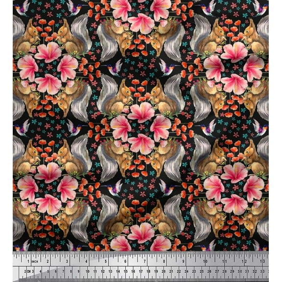 Soimoi Cotton Duck Fabric Floral,Hummingbird & Squirrel Animal Print Fabric by Yard 42 Inch Wide