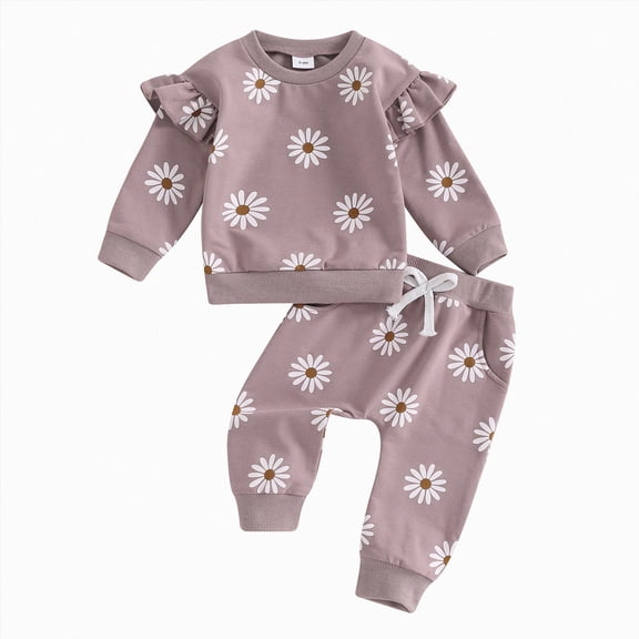 TOWED22 Infant Toddler Girl Fall Winter Clothes Set Long Sleeve Cute Sweatshirt and High Waist Pants Print Outfits Clothing 2 Piece(Purple,12-18 M)