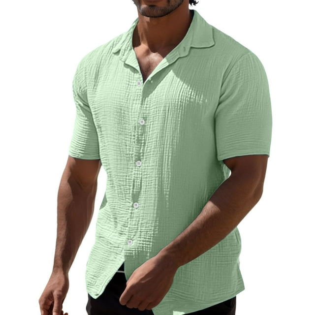 Camisas De Mezclilla Para Hombre Verano para hombre Verano Casual Solapa Color sólido Manga corta Botón Camisa de lino para hombre Ropa para hombre (Green, XXL)