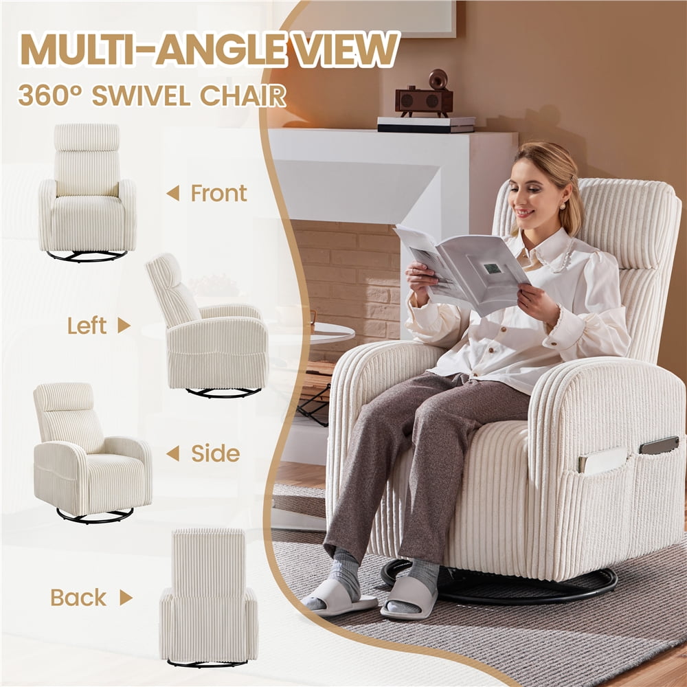 Yaheetech Corduroy Swivel Recliner Glider Chair Rocking Chair for Living Room, Beige
