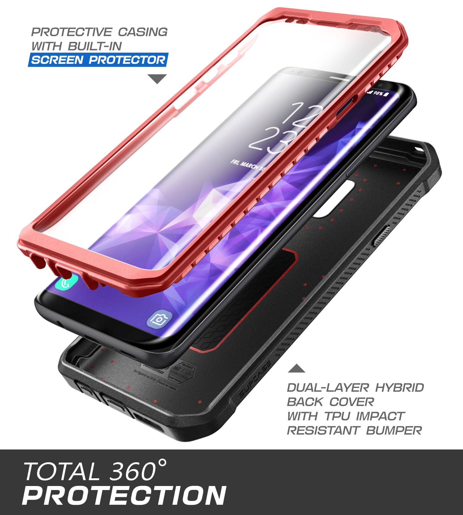 SUPCASE Unicorn Beetle Pro Series Case Designed for Galaxy S9, with Built-in Screen Protector Full-Body Rugged Holster Case for Galaxy S9 (2018 Release) (MetallicRed)