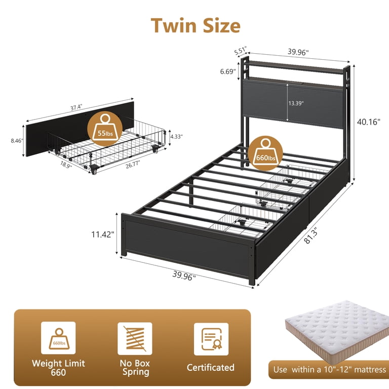 Zimtown Twin Bed with Storage Headboard and LED Lights, Black photo 7