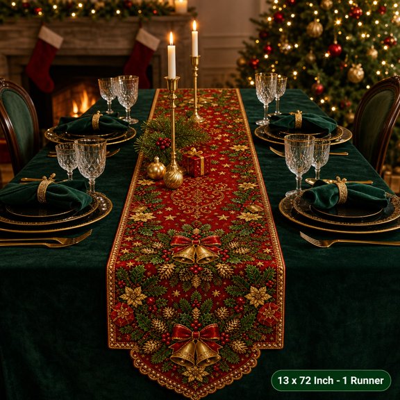 Crimson Gold Classic Christmas Table Runner 13x72 Inch, Shaped Edge Xmas Dining Runner for Holiday Table Decor
