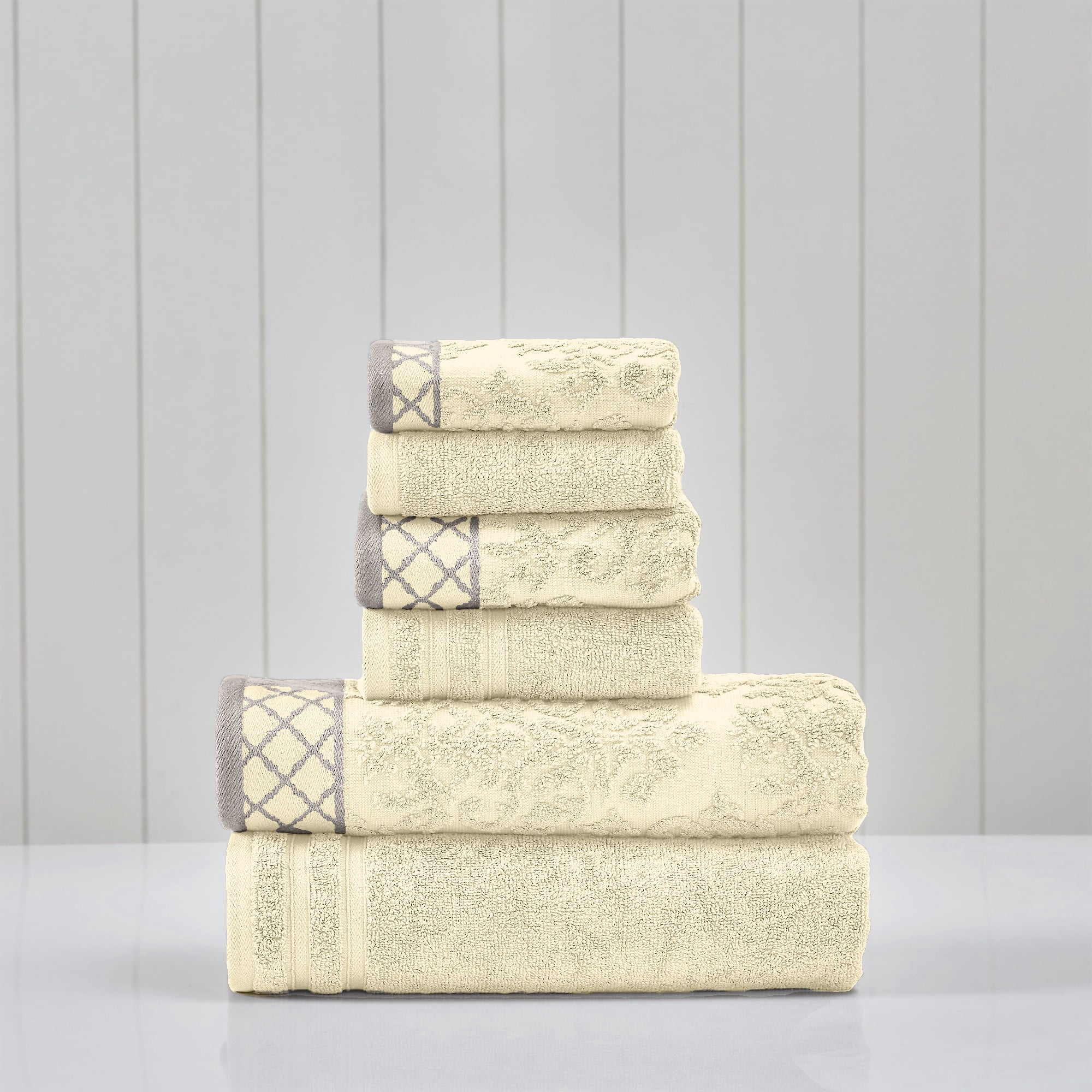 Modern Threads Damask Jacquard 6-Piece Cotton Bath Towel Set with Embellished Borders, Ivory