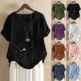 thumbnail image 3 of Ecqkame Cotton Linen Shirts For Women 2025 Summer Retro Embroidered Crew Neck Short Sleeve Tops Dressy Casual Trendy Button Blouse 02-Black XXXL, 3 of 3