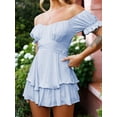 thumbnail image 2 of Women's Casual Romper Off Shoulder Short Sleeve Double Layer Ruffle Hem Jumpsuits High Waist Tie Short Romper Dress, 2 of 6