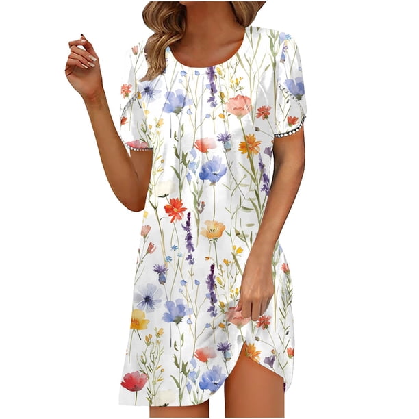 Puntoco Vestido De Verano Para Mujer, Informal, Estampado, De Playa, Manga Corta, Cuello Redondo, Suelto, Camiseta Sin Mangas, Vestido De Manga Corta Con Cuello Redondo, Amarillo, Xxl