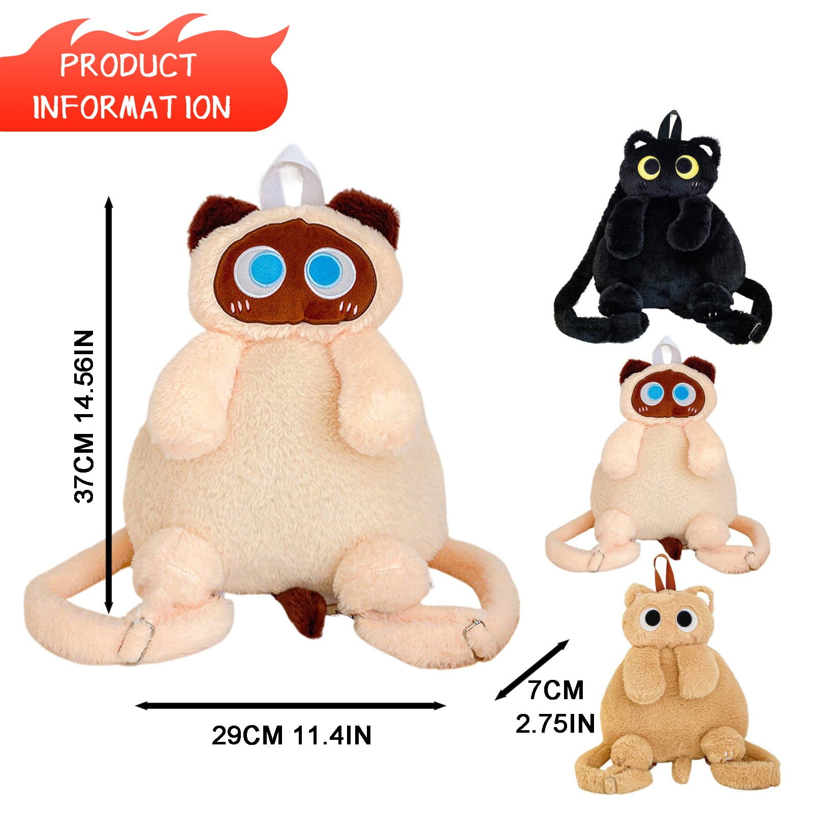 Siamese Cat Backpack, Off-White|Plush Stuffed Cat Animal Backpack Shoulder Bag Crossbody With Adjustable Straps