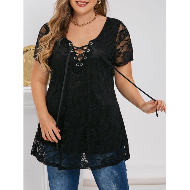 Blusa Plisada de Encaje de Talla Grande Rosegal Blusas Tallas Grandes