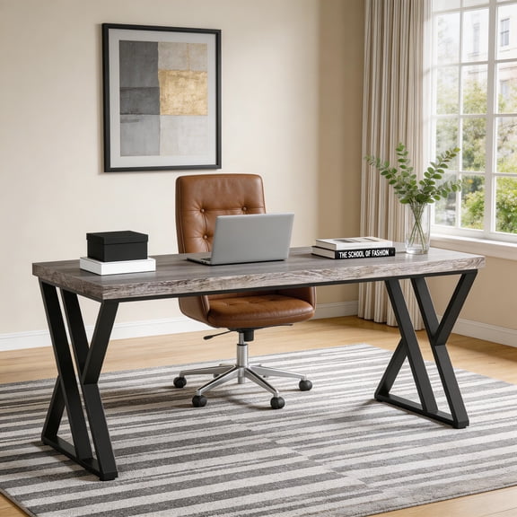 55 Inch Heavy Duty Writing Computer Desk Modern Simple Home Office Desk With Z-Shaped Metal Leg Study Workstation (Grey)