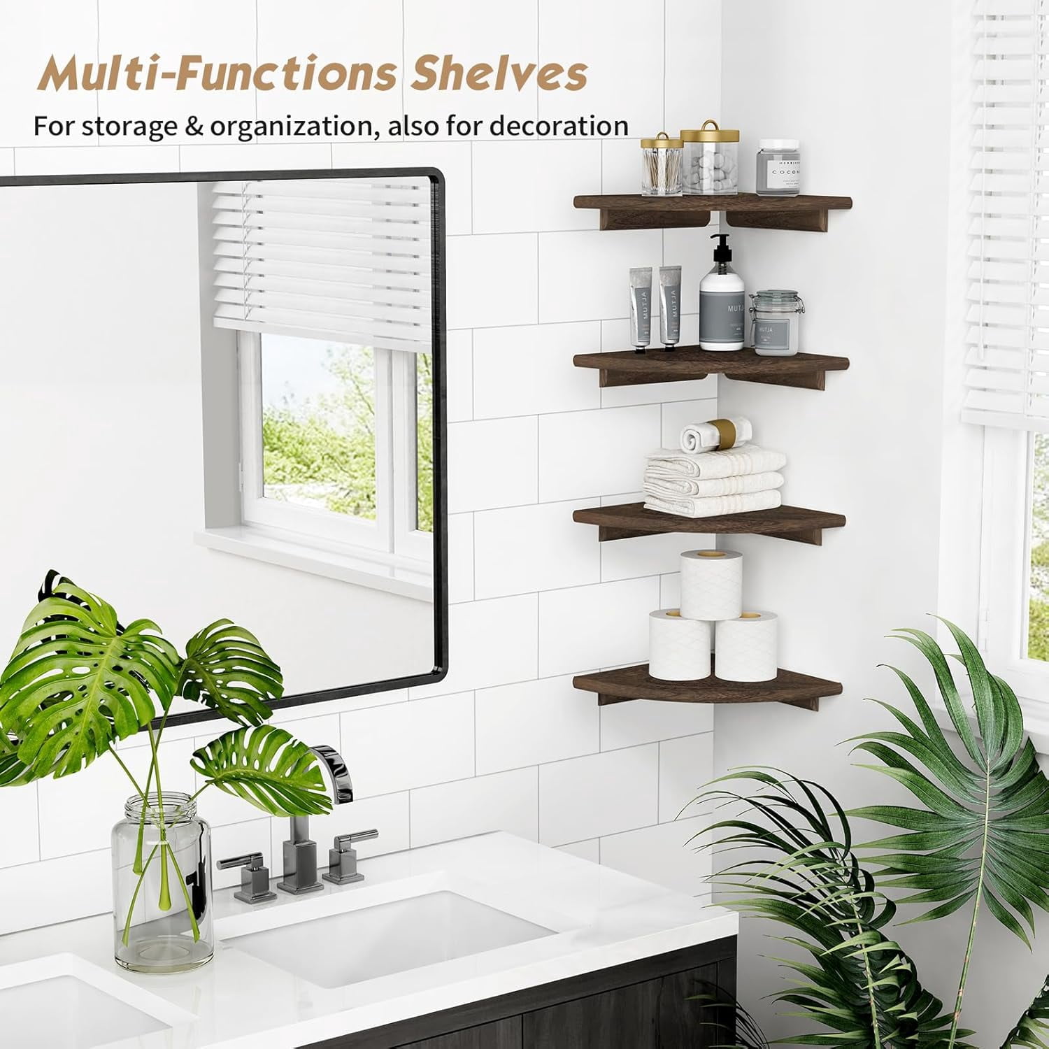 Floating Corner Shelves for Wall Set of 4, Small Corner Bookshelf for Bedroom Books, Round Wooden Corner Shelf Wall Mount for Bathroom Plants, Kitchen, Living Room Decor (Dark Brown)